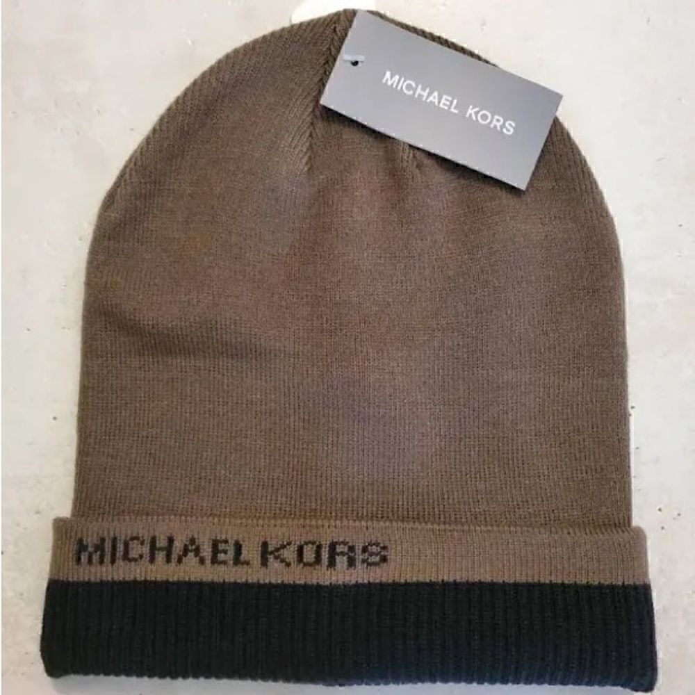 MICHAEL KORS NWT Mens Woven Beanie Hat Black and Olive